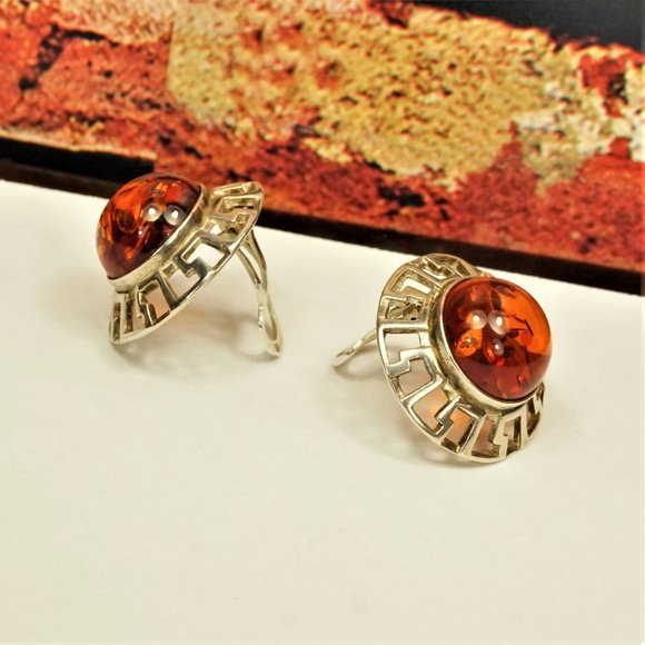 LARGE BALTIC AMBER CABOCHONS 925 SILVER CLIP ON ROUND EARRINGS, GIFT FOR WOMEN - Picture 7 of 9